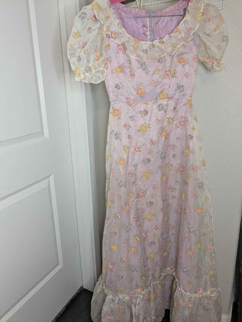 Vintag 70s Maxi Dress Prairie Gunne Style Floral Swiss Dot Pink Purple Sz Small - Picture 7 of 15